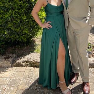 Baltic born hunter green slit satin silk dress wedding guest prom formal maxi